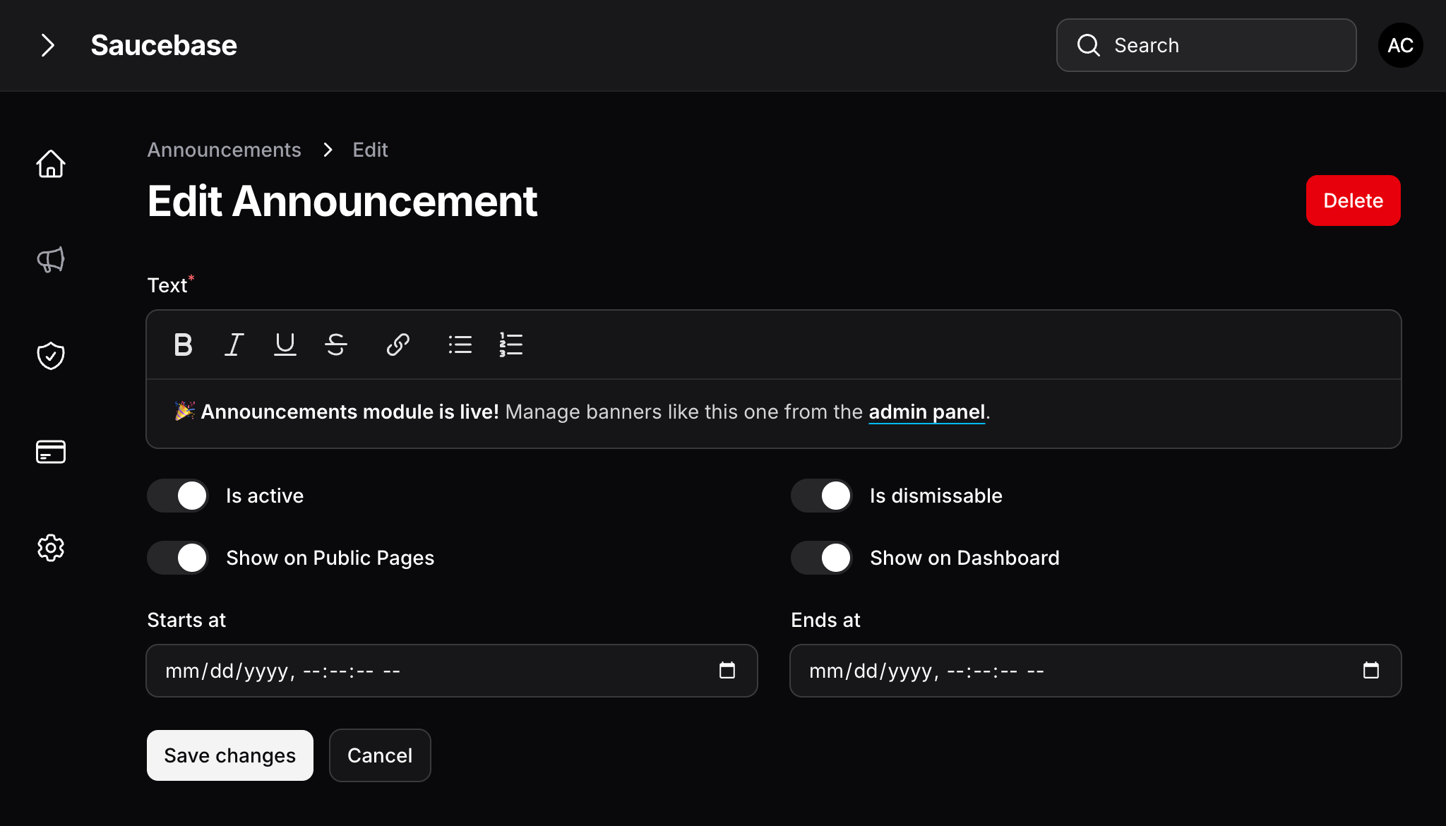 Announcement create/edit form with rich text editor
