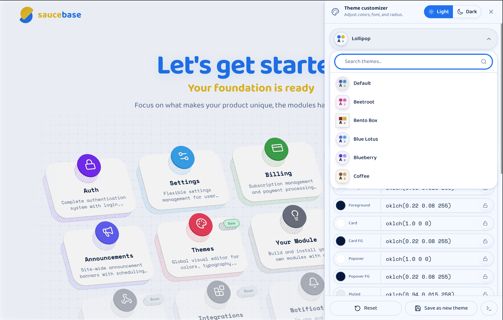 Themes panel showing the visual editor with color pickers and font selectors