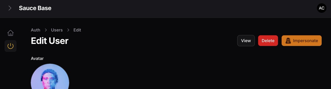 User edit page with impersonate button in header